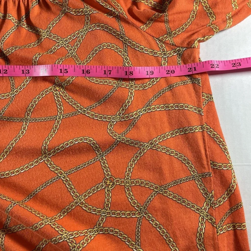 Michael Kors Women's Size L‎ Orange Gold Chain Print 3/4 Bell Sleeve Blouse Top